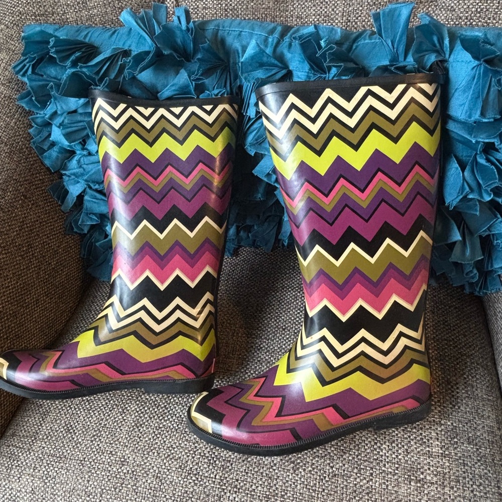 Missoni Chevron Patterned Rain Boots - Black, Yellow, Pink, Purple